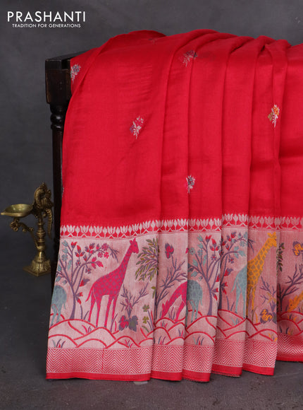 Banarasi semi raw silk saree reddish pink with thread & silver zari buttas and long zari woven paithani style border