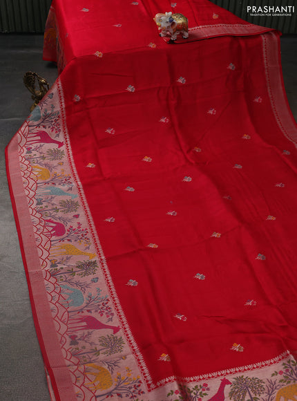 Banarasi semi raw silk saree reddish pink with thread & silver zari buttas and long zari woven paithani style border