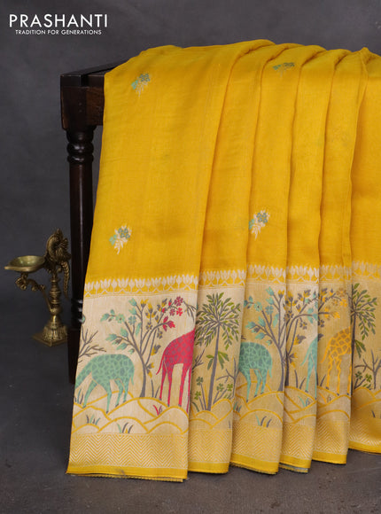 Banarasi semi raw silk saree mustard yellow with thread & silver zari buttas and long zari woven paithani style border