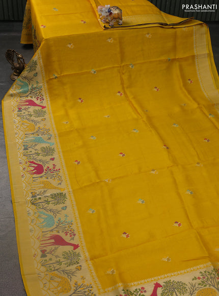 Banarasi semi raw silk saree mustard yellow with thread & silver zari buttas and long zari woven paithani style border