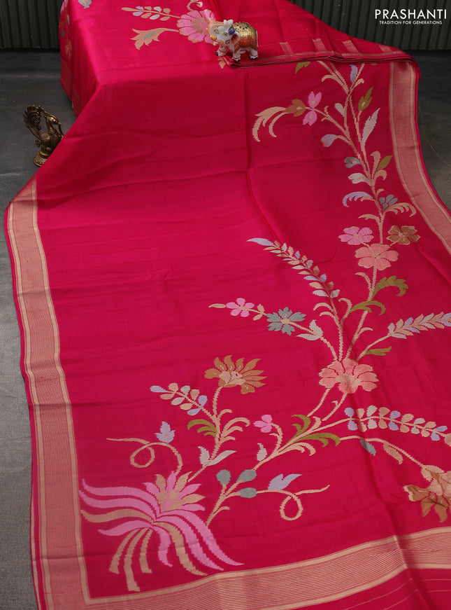 Banarasi semi raw silk saree pink with allover jamdhani weaves and zari woven border