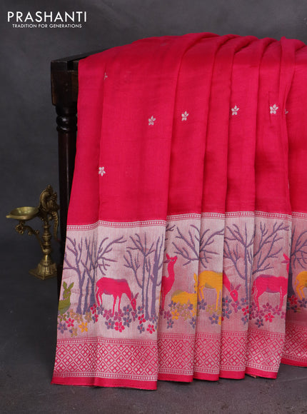 Banarasi semi raw silk saree pink with silver zari woven buttas and silver zari woven border