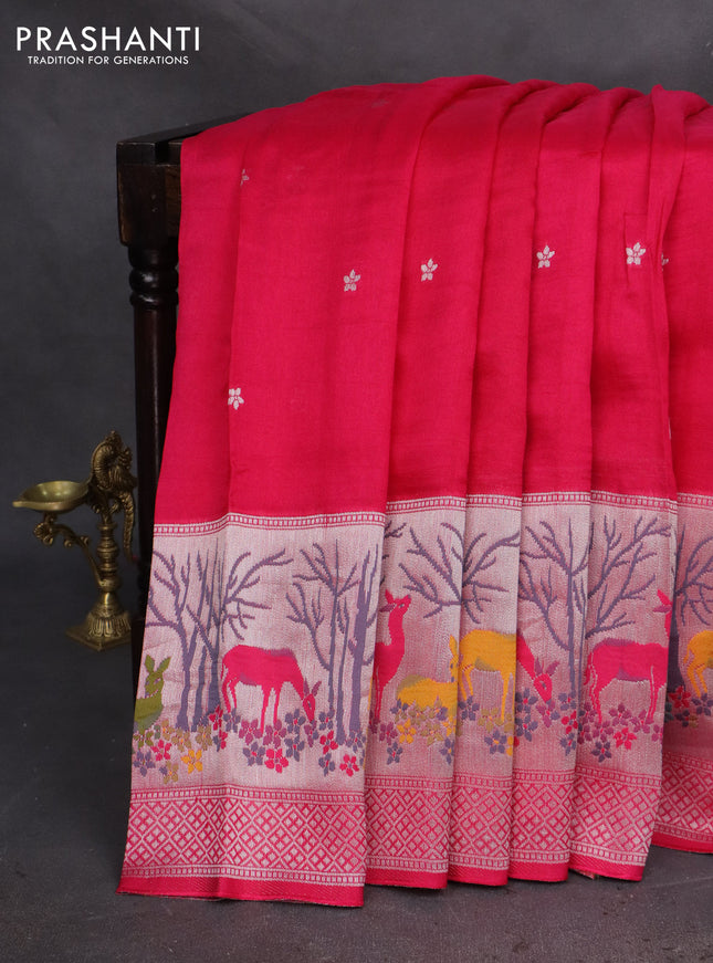 Banarasi semi raw silk saree pink with silver zari woven buttas and silver zari woven border