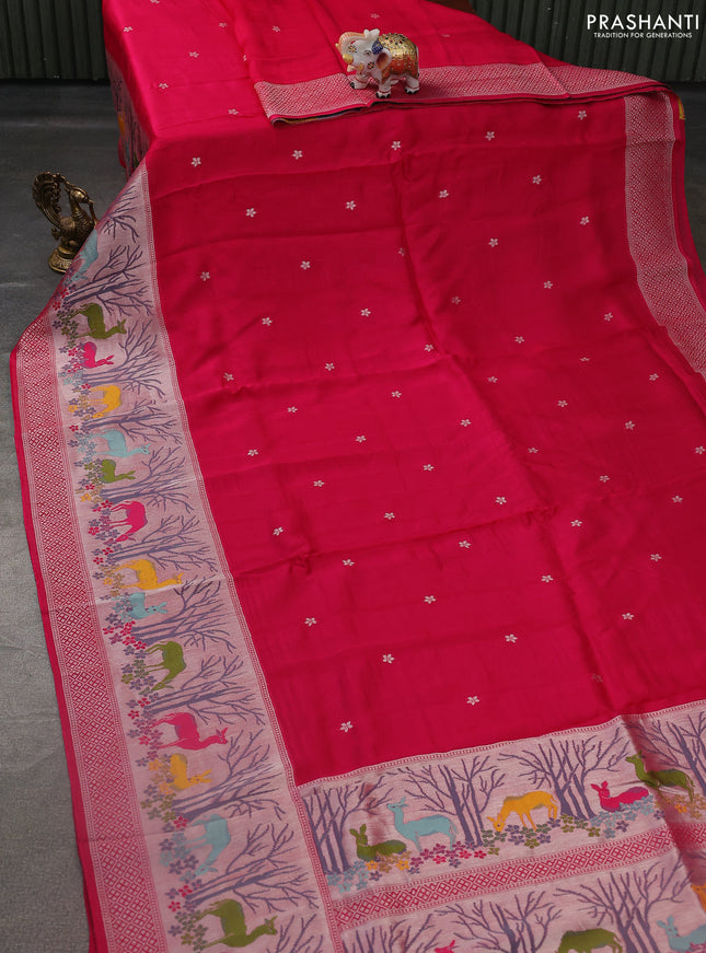 Banarasi semi raw silk saree pink with silver zari woven buttas and silver zari woven border