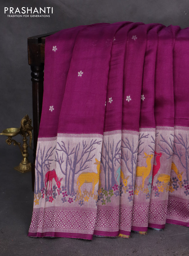 Banarasi semi raw silk saree purple with silver zari woven buttas and silver zari woven border
