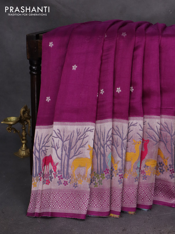 Banarasi semi raw silk saree purple with silver zari woven buttas and silver zari woven border