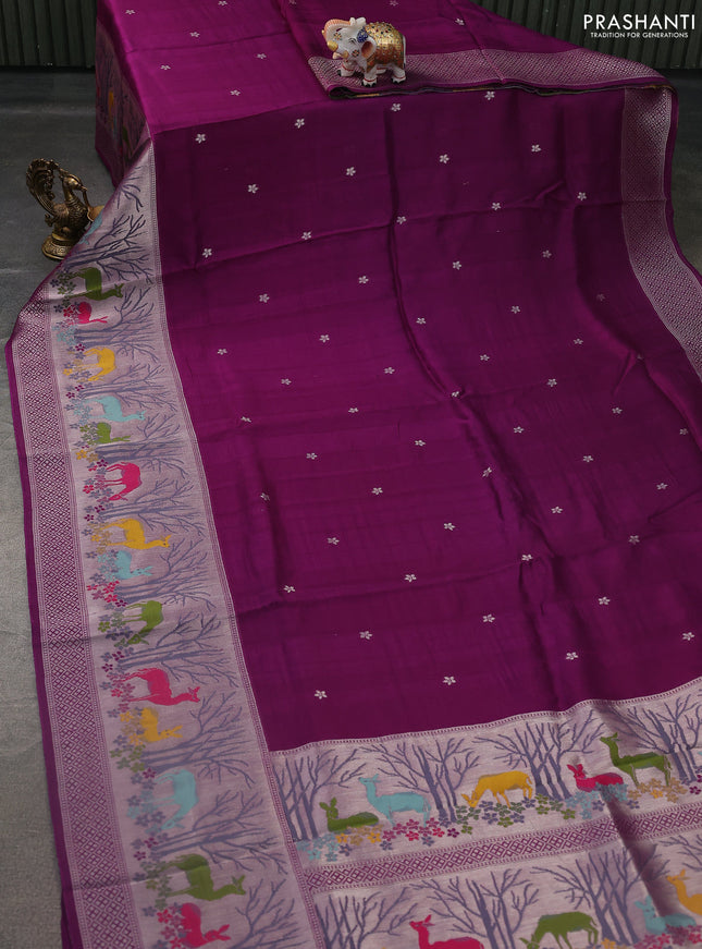 Banarasi semi raw silk saree purple with silver zari woven buttas and silver zari woven border