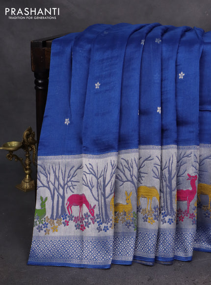 Banarasi semi raw silk saree blue with silver zari woven buttas and silver zari woven border