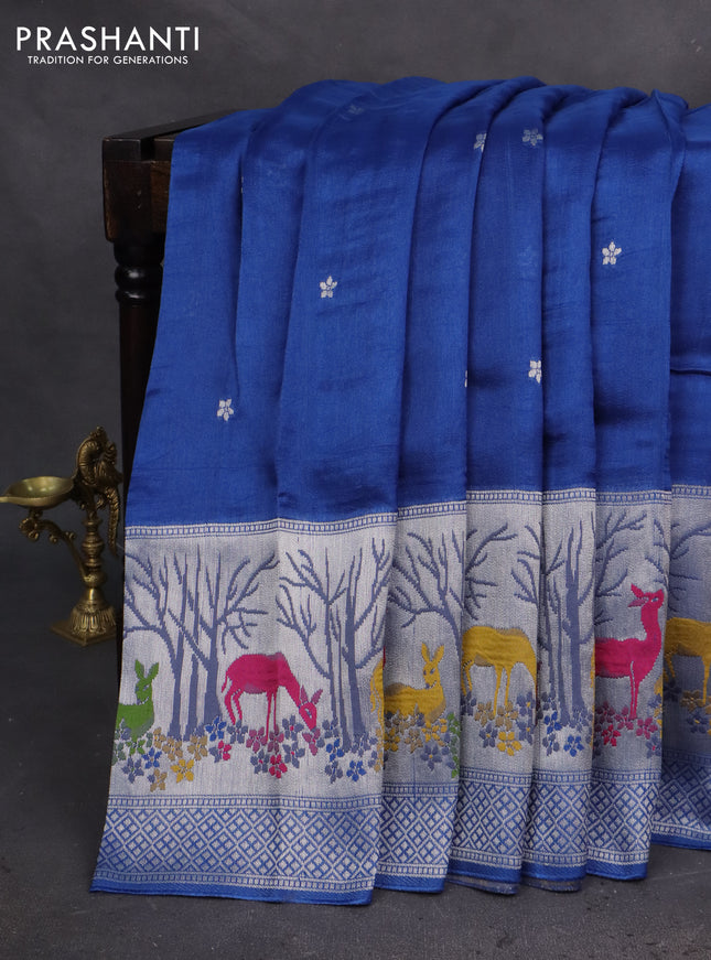 Banarasi semi raw silk saree blue with silver zari woven buttas and silver zari woven border