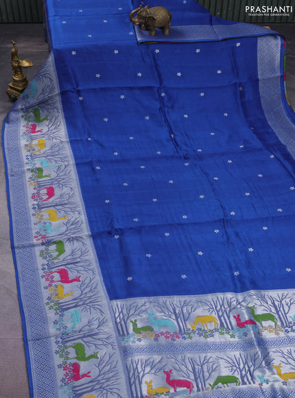 Banarasi semi raw silk saree blue with silver zari woven buttas and silver zari woven border