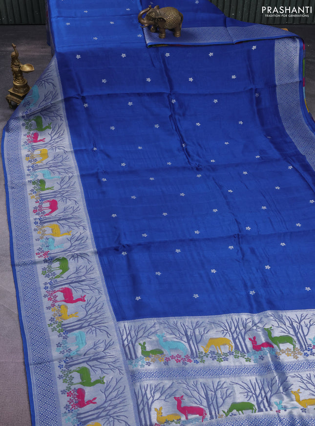 Banarasi semi raw silk saree blue with silver zari woven buttas and silver zari woven border