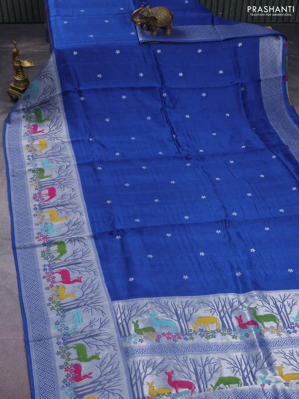 Banarasi semi raw silk saree blue with silver zari woven buttas and silver zari woven border
