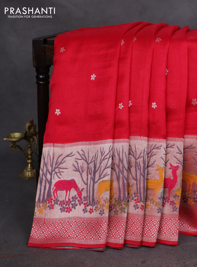 Banarasi semi raw silk saree tomato pink with silver zari woven buttas and silver zari woven border