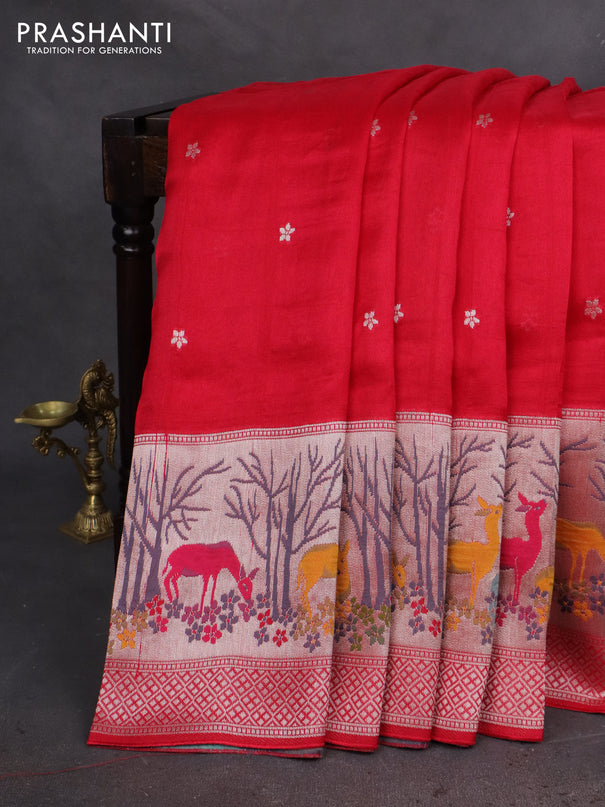 Banarasi semi raw silk saree tomato pink with silver zari woven buttas and silver zari woven border