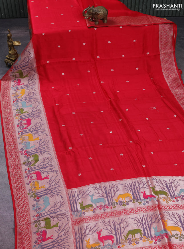 Banarasi semi raw silk saree tomato pink with silver zari woven buttas and silver zari woven border