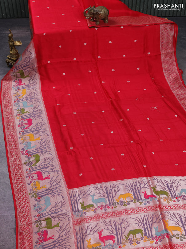 Banarasi semi raw silk saree tomato pink with silver zari woven buttas and silver zari woven border