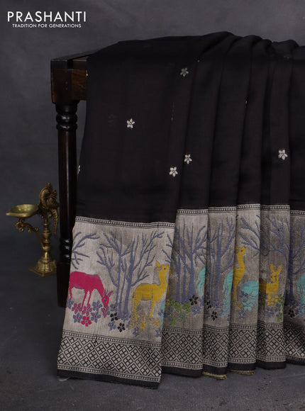 Banarasi semi raw silk saree black with silver zari woven buttas and silver zari woven border