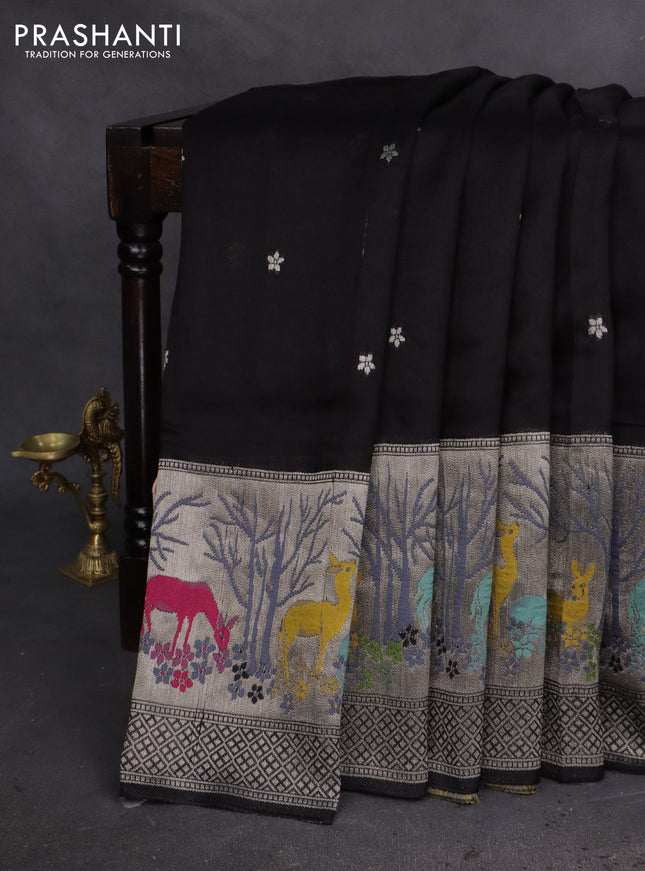 Banarasi semi raw silk saree black with silver zari woven buttas and silver zari woven border