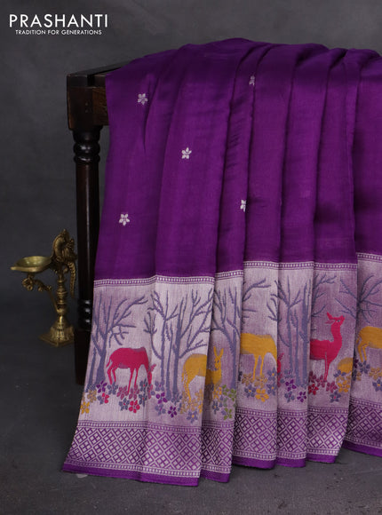 Banarasi semi raw silk saree violet with silver zari woven buttas and silver zari woven border
