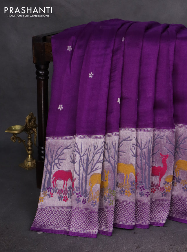 Banarasi semi raw silk saree violet with silver zari woven buttas and silver zari woven border