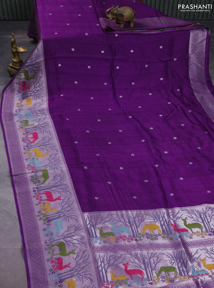 Banarasi semi raw silk saree violet with silver zari woven buttas and silver zari woven border