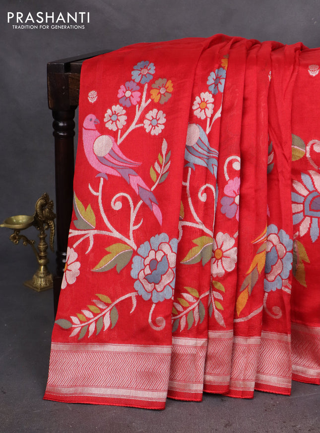 Banarasi semi raw silk saree red with allover jamdhani weaves and silver zari woven border