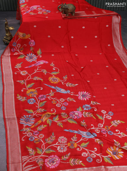 Banarasi semi raw silk saree red with allover jamdhani weaves and silver zari woven border