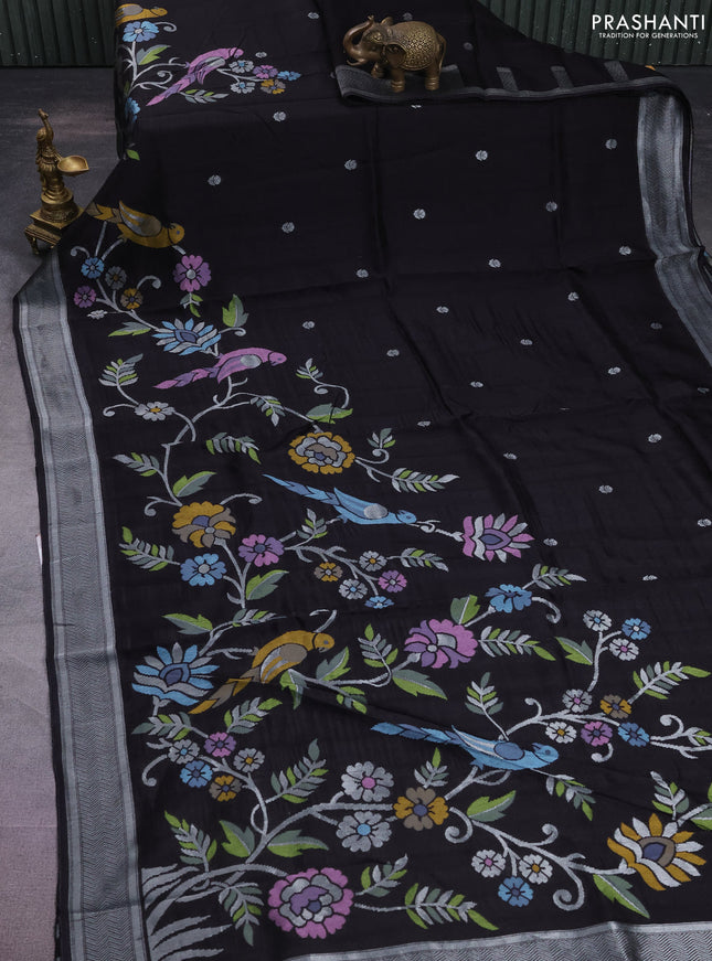 Banarasi semi raw silk saree black with allover jamdhani weaves and silver zari woven border