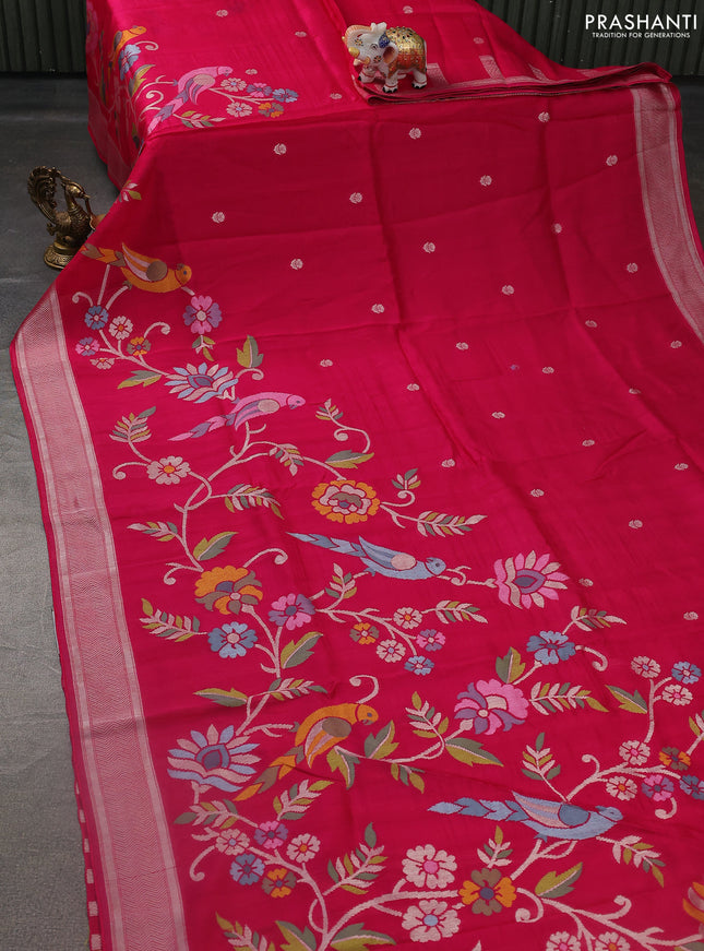 Banarasi semi raw silk saree pink with allover jamdhani weaves and silver zari woven border