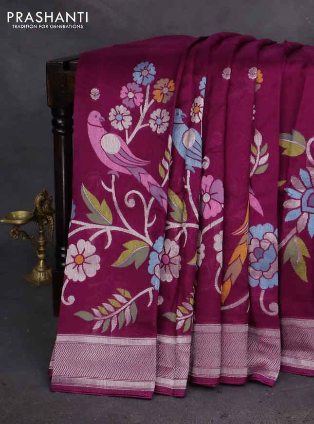 Banarasi semi raw silk saree purple with allover jamdhani weaves and silver zari woven border