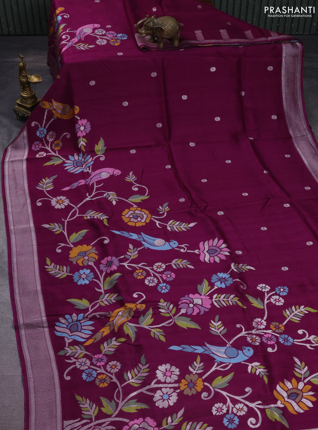 Banarasi semi raw silk saree purple with allover jamdhani weaves and silver zari woven border