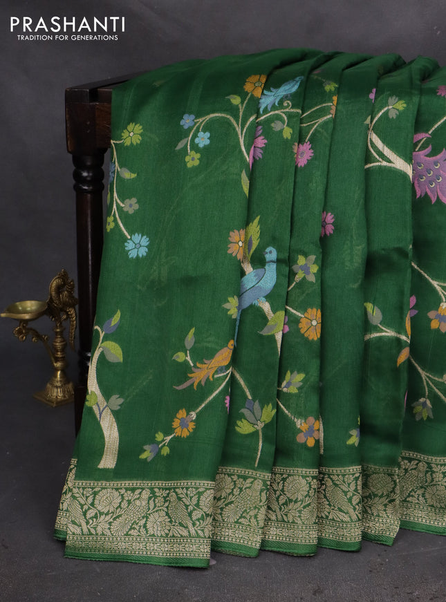 Banarasi semi raw silk saree green with zari buttas & jamdhamai weaves and zari woven border