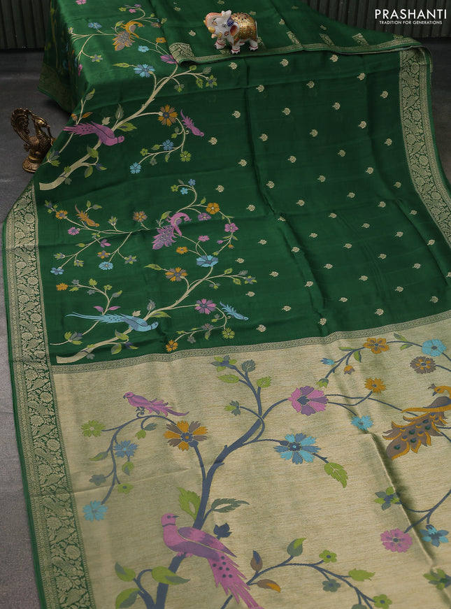 Banarasi semi raw silk saree green with zari buttas & jamdhamai weaves and zari woven border