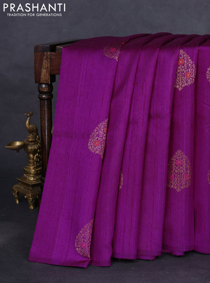 Banarasi raw silk saree purple and mustard yellow with woven buttas in borderless style