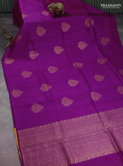 Banarasi raw silk saree purple and mustard yellow with woven buttas in borderless style