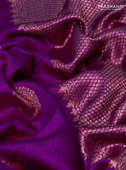 Banarasi raw silk saree purple and mustard yellow with woven buttas in borderless style