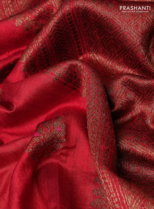 Banarasi raw silk saree red and mustard yellow with woven buttas in borderless style