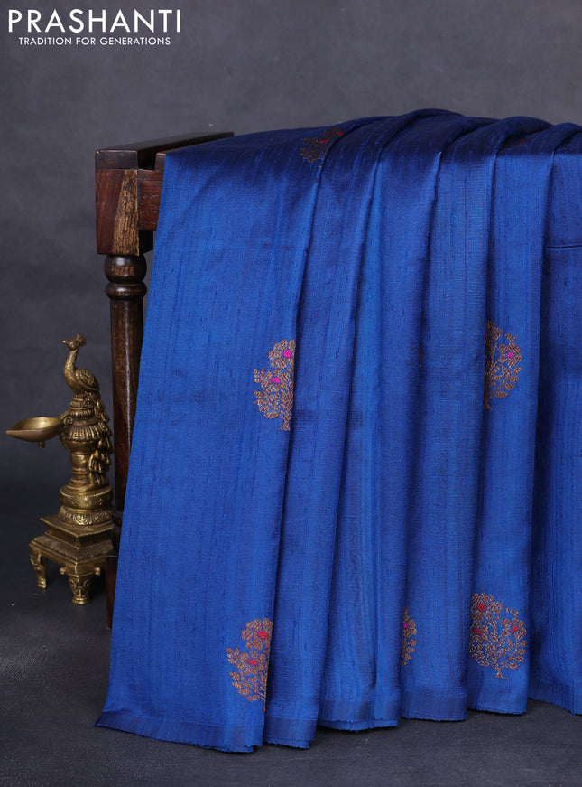 Banarasi raw silk saree peacock blue and pink with woven buttas in borderless style