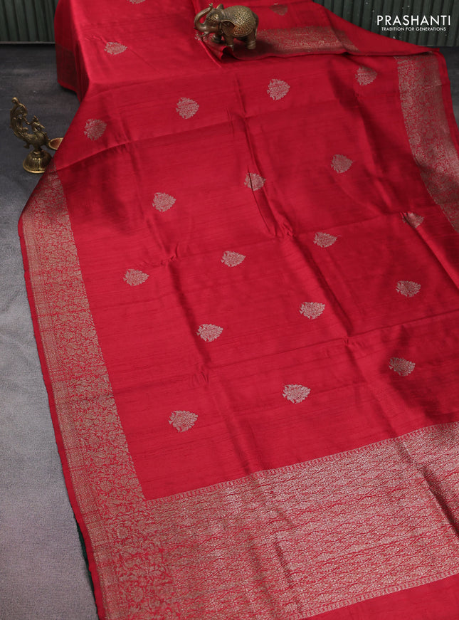 Banarasi raw silk saree tomato red and dark green with woven buttas and woven border