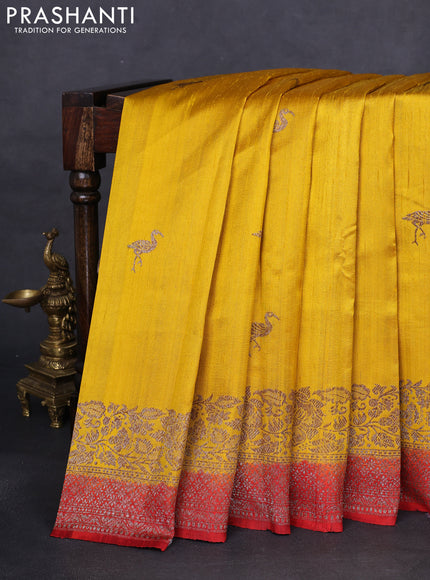 Banarasi raw silk saree mustard yellow and red with woven buttas and woven border