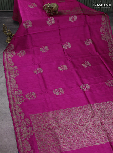 Banarasi raw silk saree magenta pink and peacock blue with woven buttas and woven border