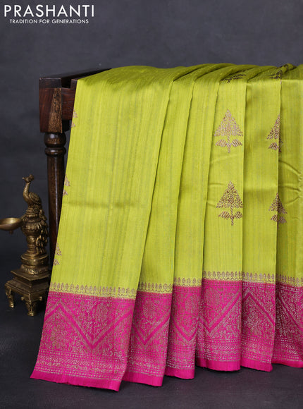 Banarasi raw silk saree fluorescent green and pink with woven buttas and woven border