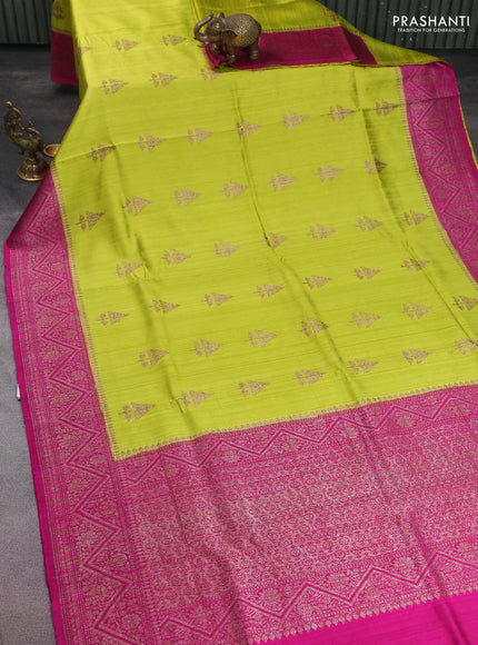 Banarasi raw silk saree fluorescent green and pink with woven buttas and woven border
