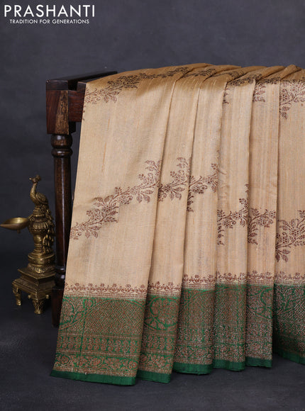 Banarasi raw silk saree sandal and green with thread & zari weaves and woven border