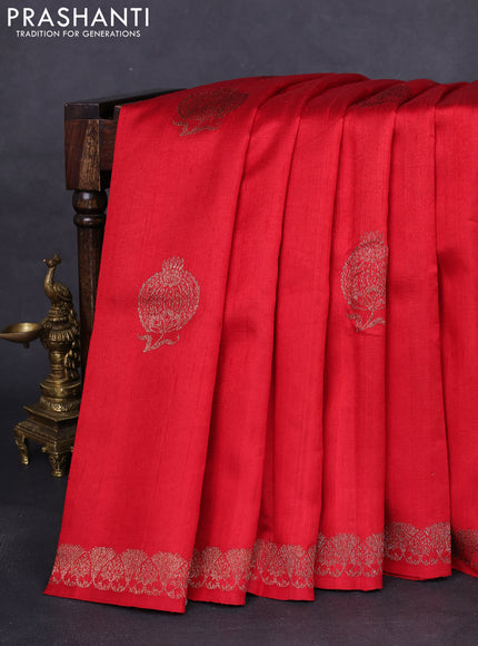Banarasi raw silk saree red and bottle green with woven buttas and woven border