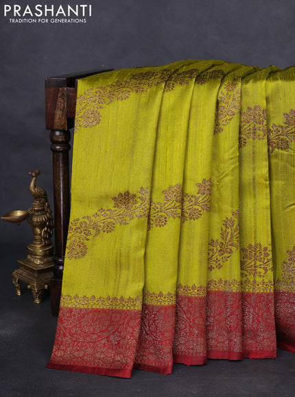 Banarasi raw silk saree lime green and kumkum red with thread & zari weaves and woven border