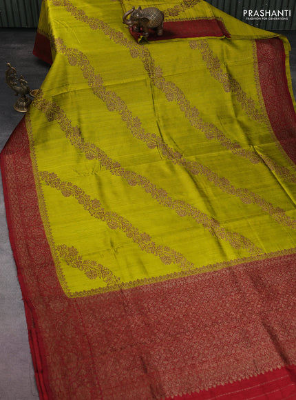 Banarasi raw silk saree lime green and kumkum red with thread & zari weaves and woven border