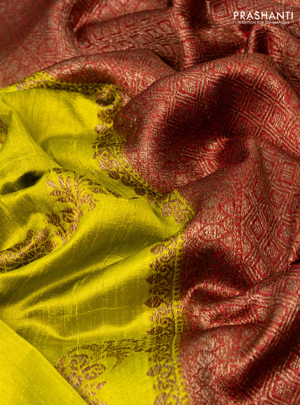 Banarasi raw silk saree lime green and kumkum red with thread & zari weaves and woven border