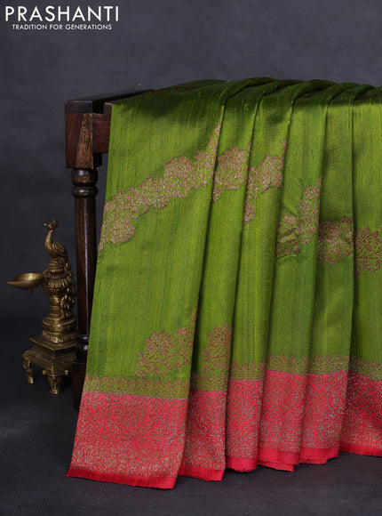 Banarasi raw silk saree light green and red with thread & zari weaves and woven border