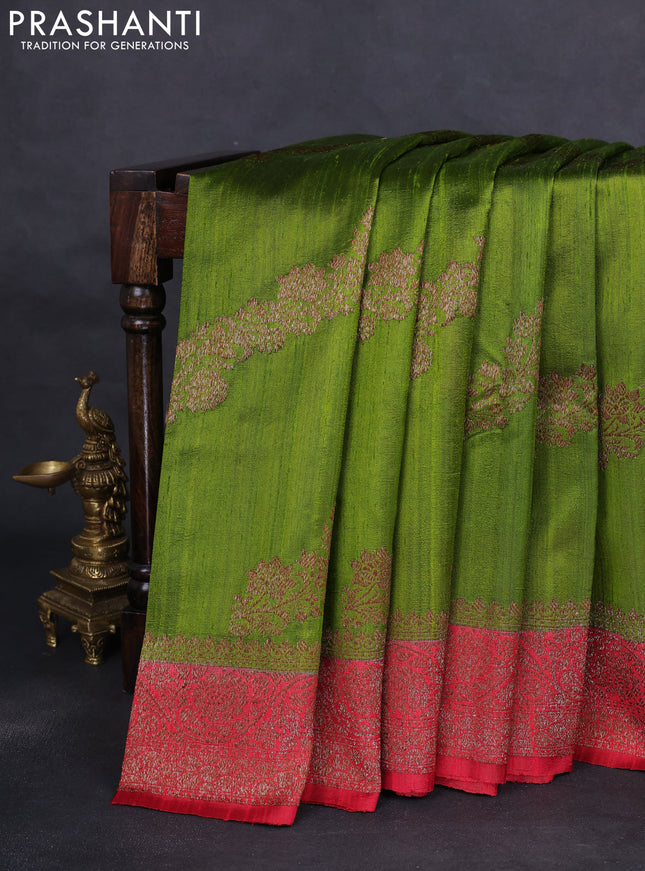 Banarasi raw silk saree light green and red with thread & zari weaves and woven border